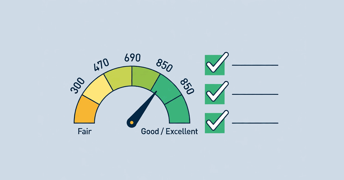 A credit score gauge moving from a fair range into a good range, with a checklist beside it
